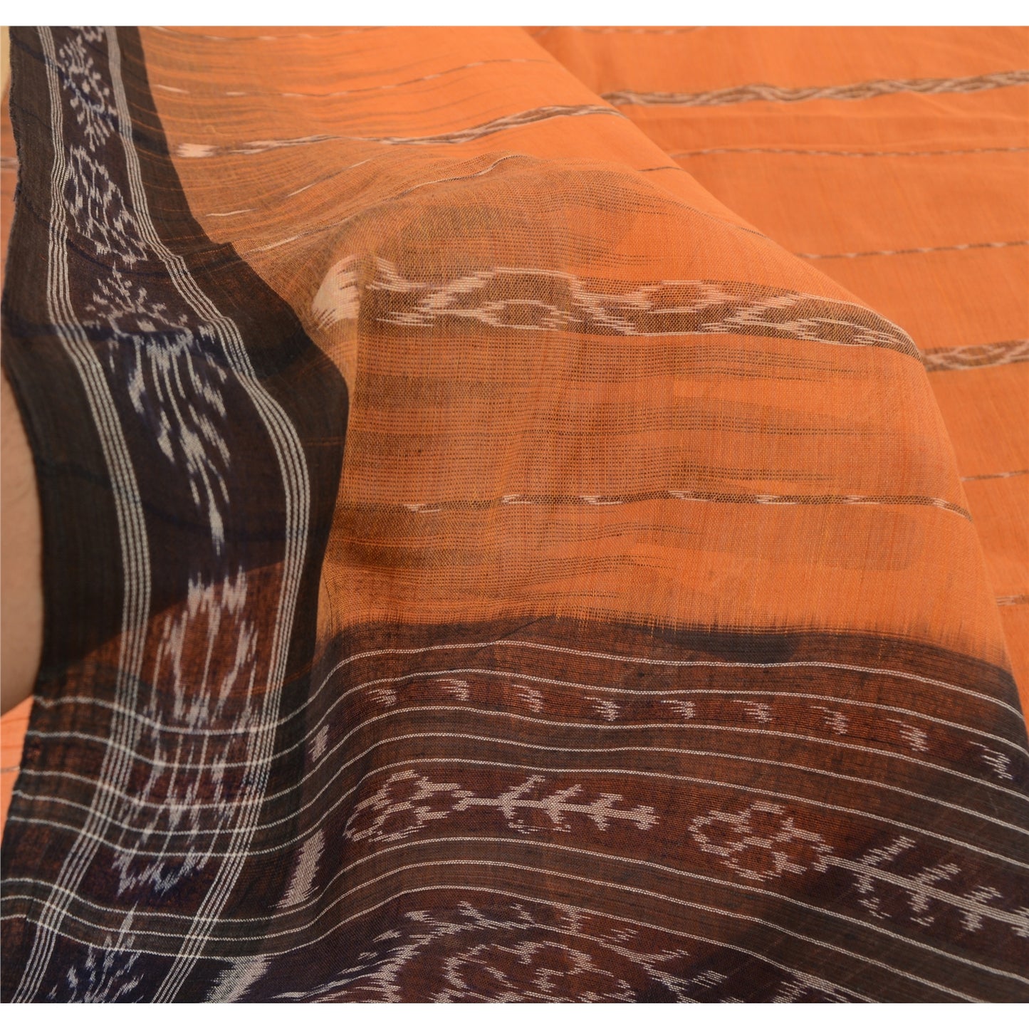 Sanskriti Vintage Saree Orange Odisha Hand Woven Ikat Pure Cotton Sari Sustainable Fabric