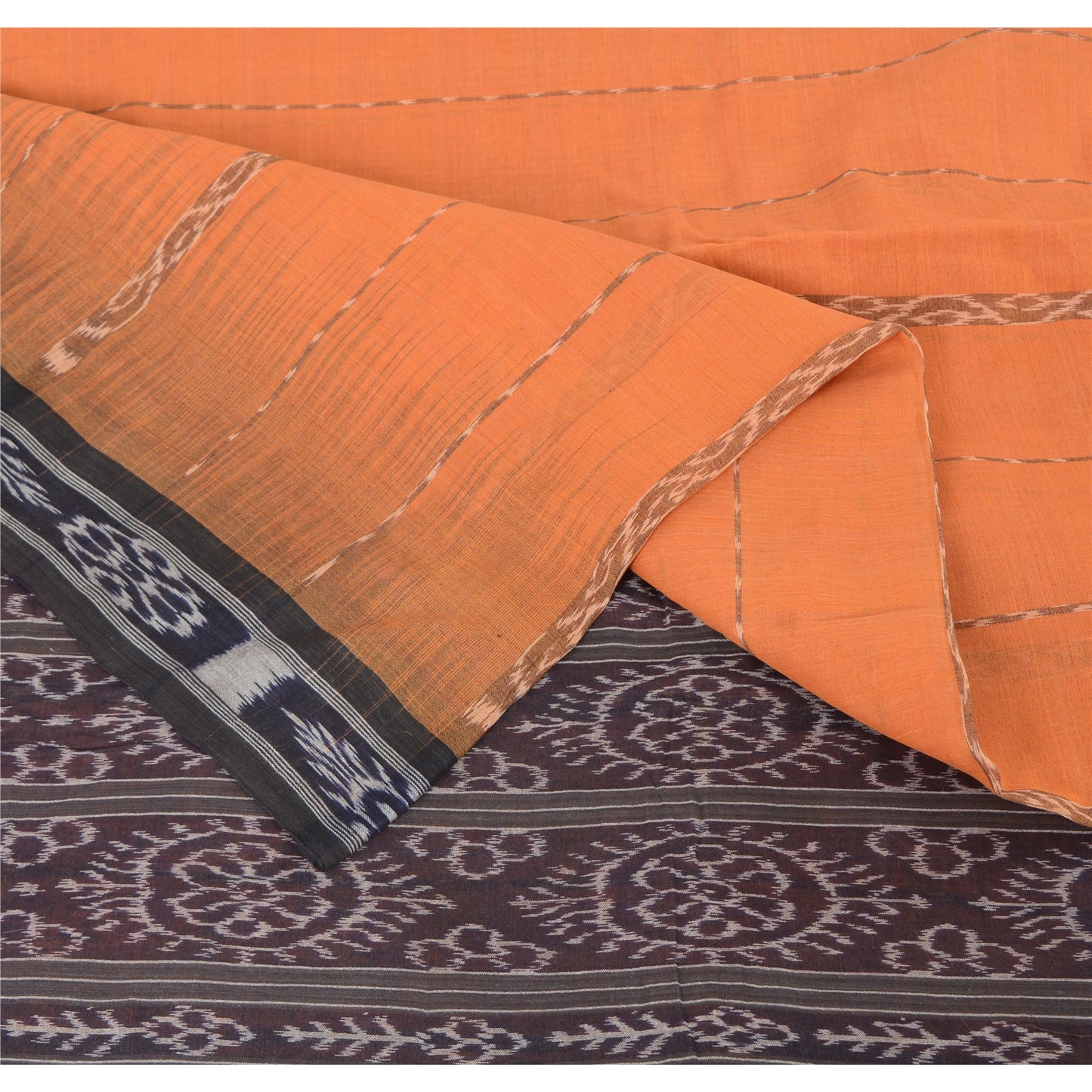Sanskriti Vintage Saree Orange Odisha Hand Woven Ikat Pure Cotton Sari Sustainable Fabric