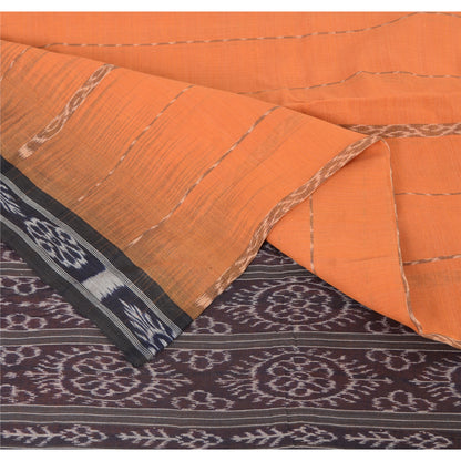 Sanskriti Vintage Saree Orange Odisha Hand Woven Ikat Pure Cotton Sari Sustainable Fabric