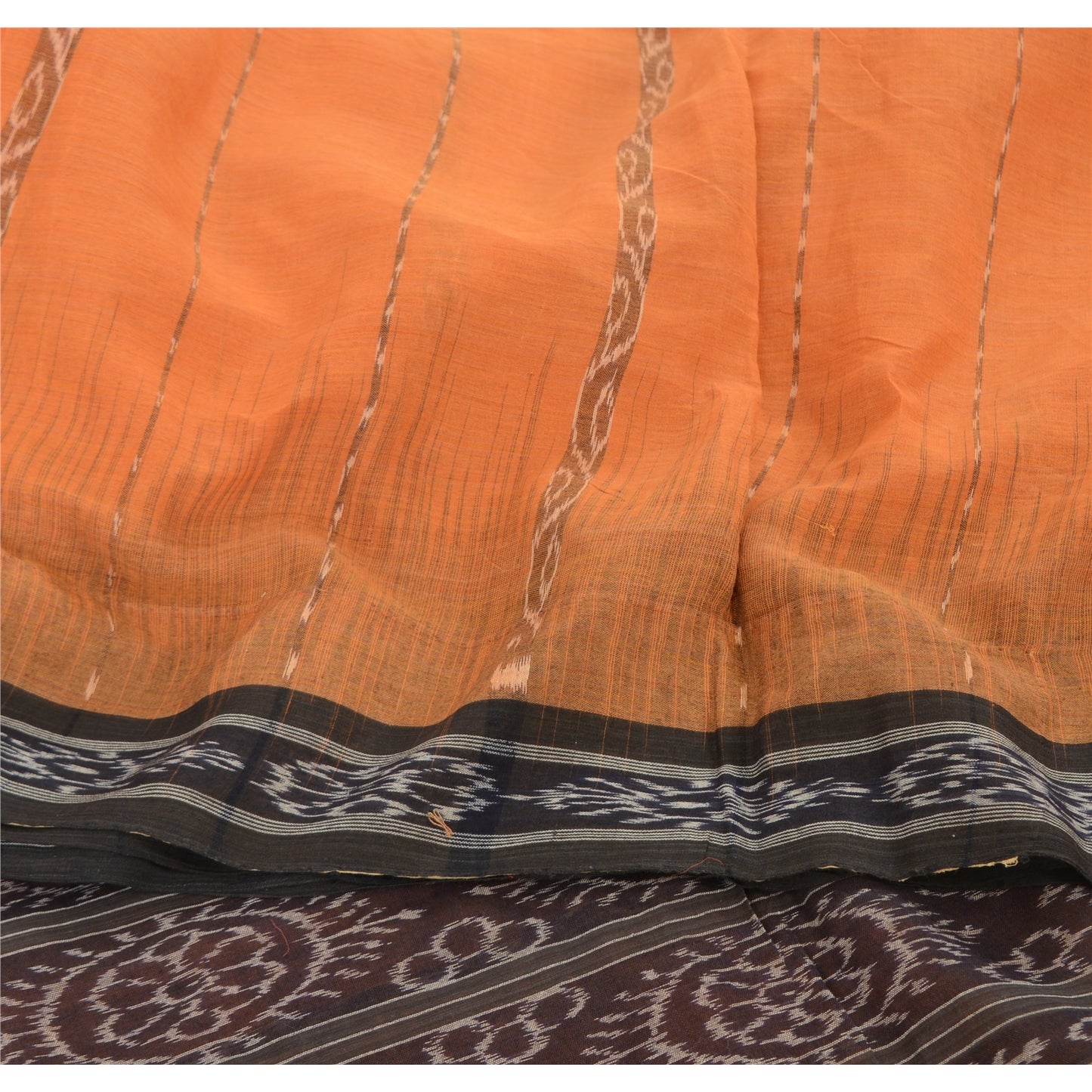 Sanskriti Vintage Saree Orange Odisha Hand Woven Ikat Pure Cotton Sari Sustainable Fabric