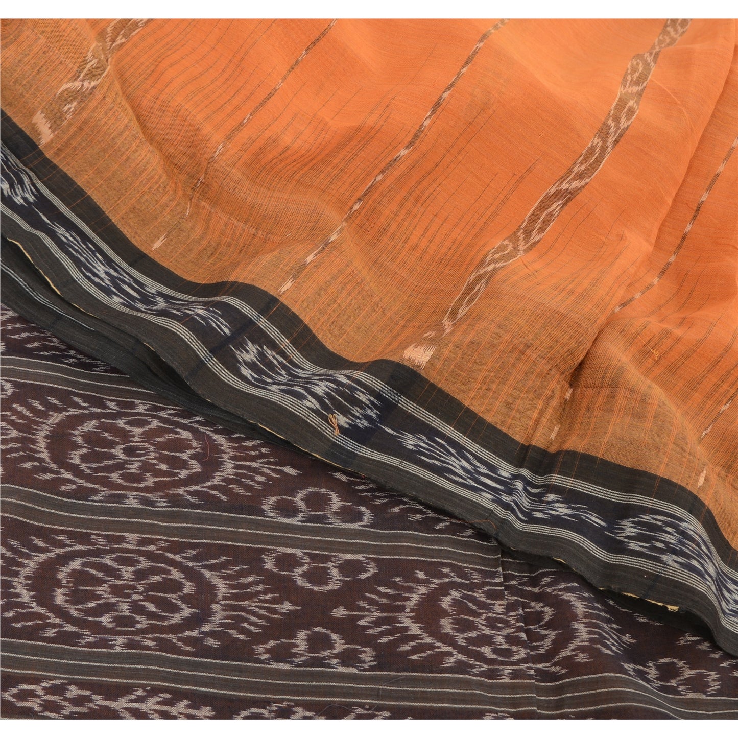 Sanskriti Vintage Saree Orange Odisha Hand Woven Ikat Pure Cotton Sari Sustainable Fabric