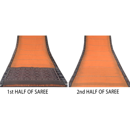 Sanskriti Vintage Saree Orange Odisha Hand Woven Ikat Pure Cotton Sari Sustainable Fabric