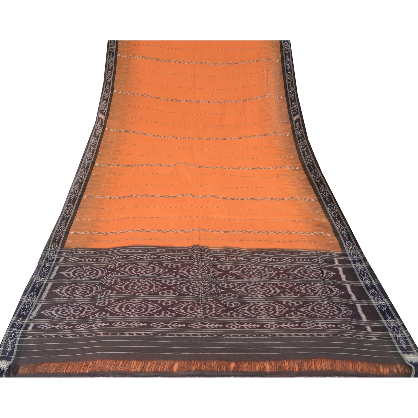 Sanskriti Vintage Saree Orange Odisha Hand Woven Ikat Pure Cotton Sari Sustainable Fabric