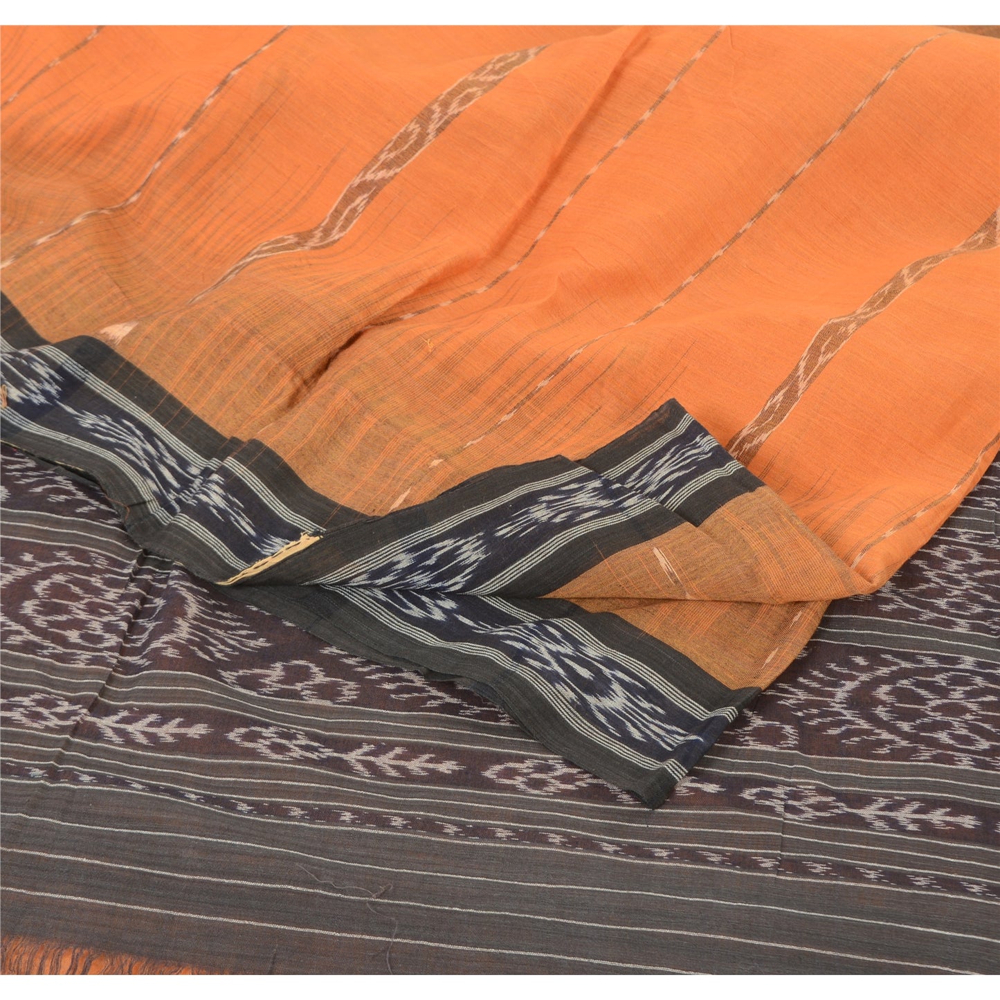 Sanskriti Vintage Saree Orange Odisha Hand Woven Ikat Pure Cotton Sari Sustainable Fabric