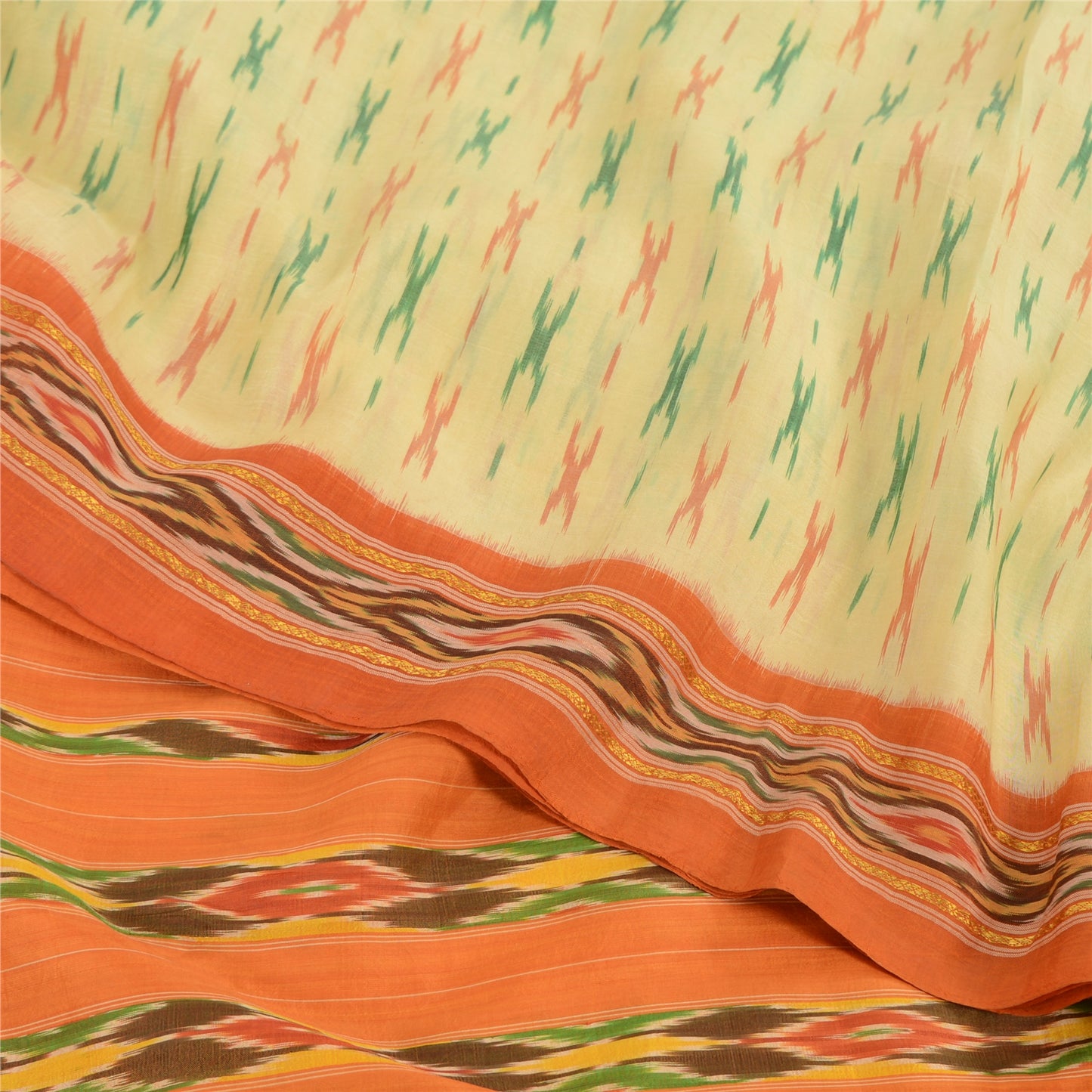 Sanskriti Vintage Sarees Cream Pochampally Hand Woven Ikat Pure Silk Sari Sustainable Fabric