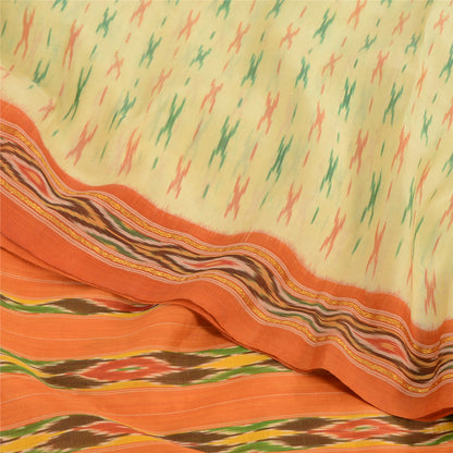 Sanskriti Vintage Sarees Cream Pochampally Hand Woven Ikat Pure Silk Sari Sustainable Fabric