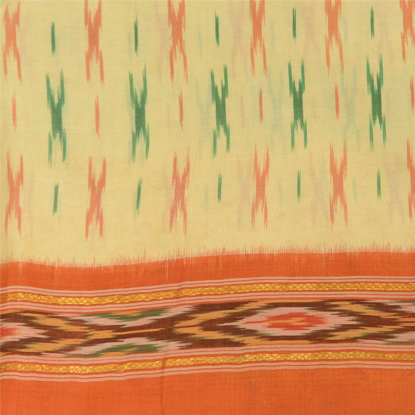 Sanskriti Vintage Sarees Cream Pochampally Hand Woven Ikat Pure Silk Sari Sustainable Fabric