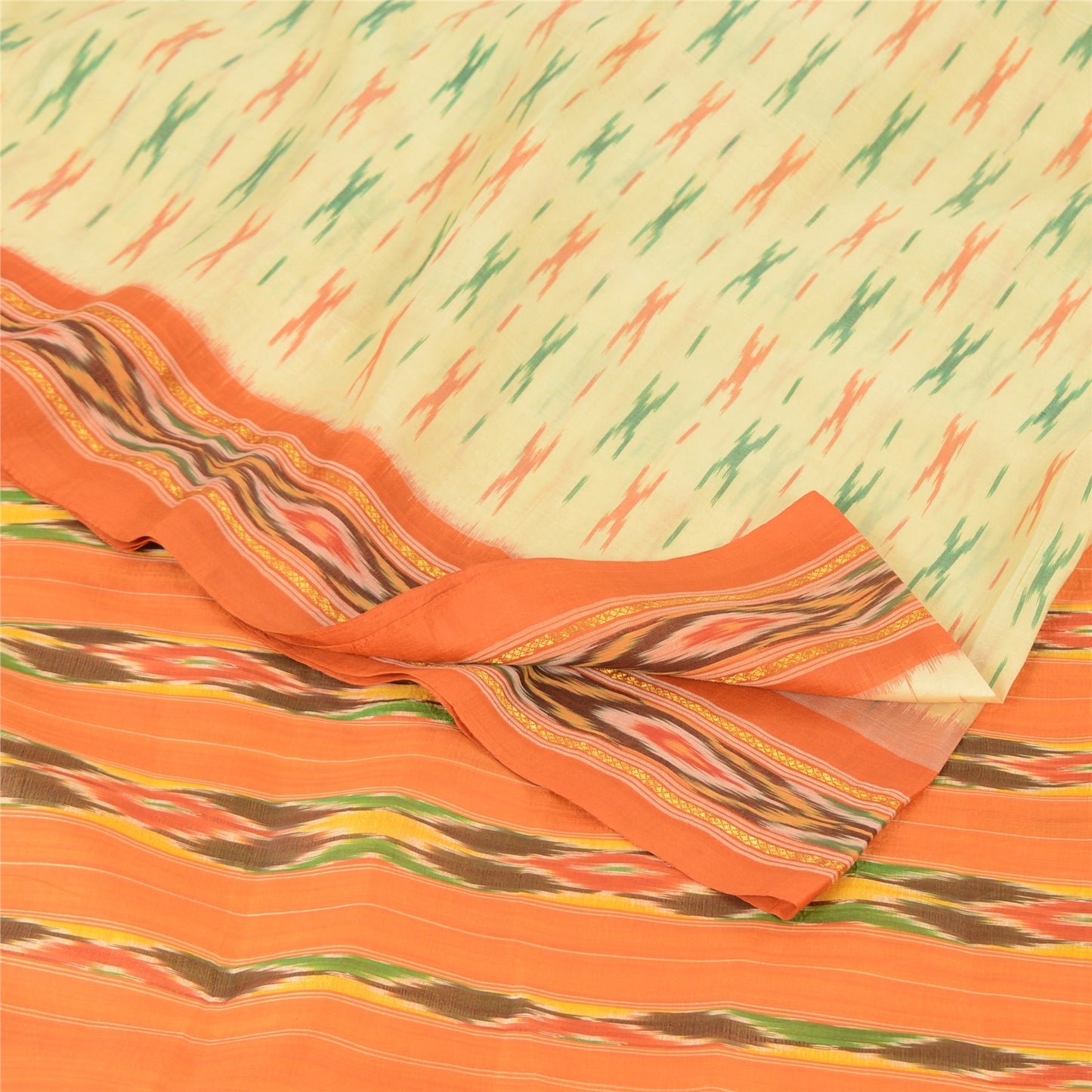 Sanskriti Vintage Sarees Cream Pochampally Hand Woven Ikat Pure Silk Sari Sustainable Fabric