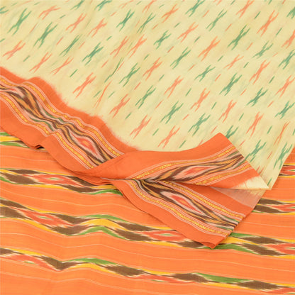 Sanskriti Vintage Sarees Cream Pochampally Hand Woven Ikat Pure Silk Sari Sustainable Fabric