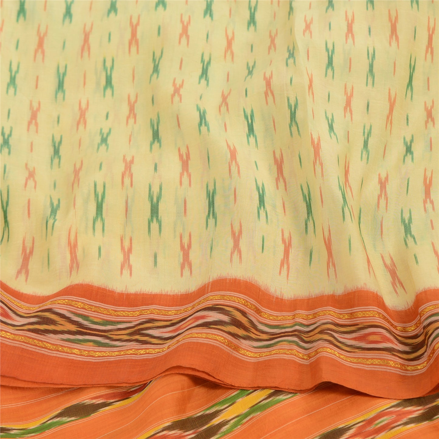 Sanskriti Vintage Sarees Cream Pochampally Hand Woven Ikat Pure Silk Sari Sustainable Fabric