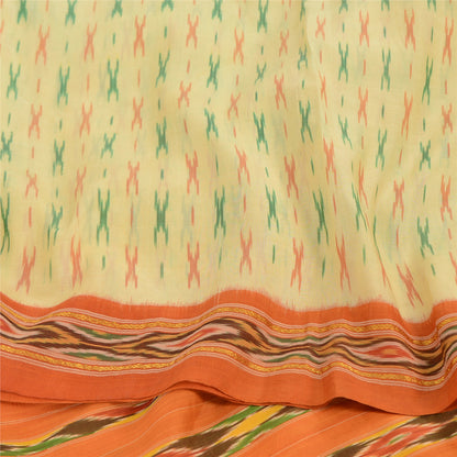 Sanskriti Vintage Sarees Cream Pochampally Hand Woven Ikat Pure Silk Sari Sustainable Fabric