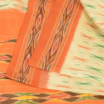 Sanskriti Vintage Sarees Cream Pochampally Hand Woven Ikat Pure Silk Sari Sustainable Fabric