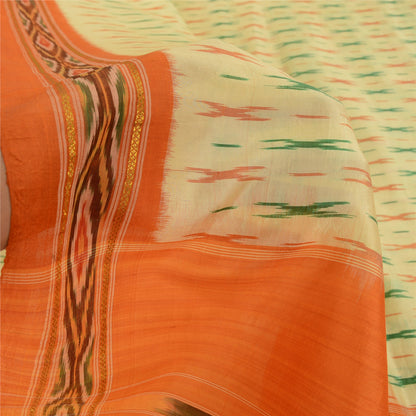 Sanskriti Vintage Sarees Cream Pochampally Hand Woven Ikat Pure Silk Sari Sustainable Fabric