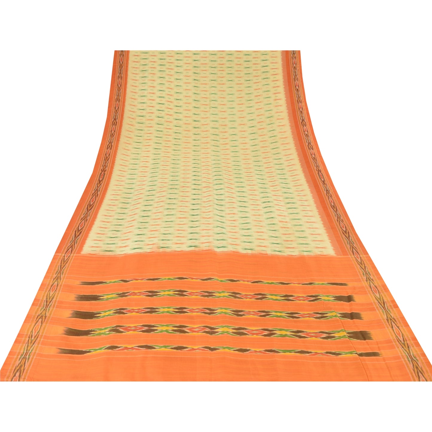 Sanskriti Vintage Sarees Cream Pochampally Hand Woven Ikat Pure Silk Sari Sustainable Fabric