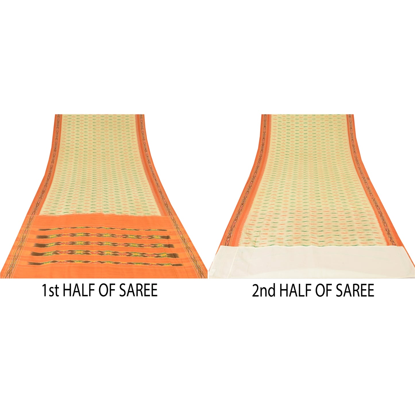 Sanskriti Vintage Sarees Cream Pochampally Hand Woven Ikat Pure Silk Sari Sustainable Fabric