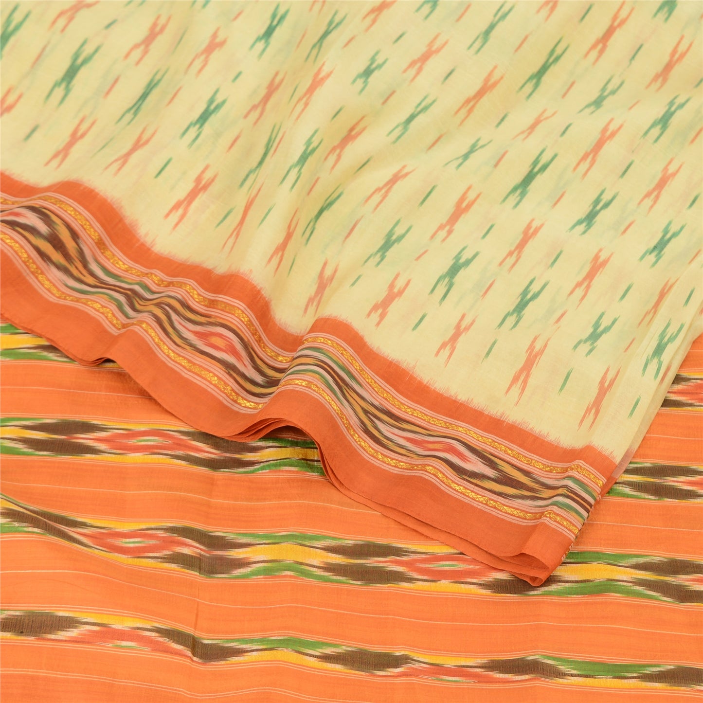 Sanskriti Vintage Sarees Cream Pochampally Hand Woven Ikat Pure Silk Sari Sustainable Fabric