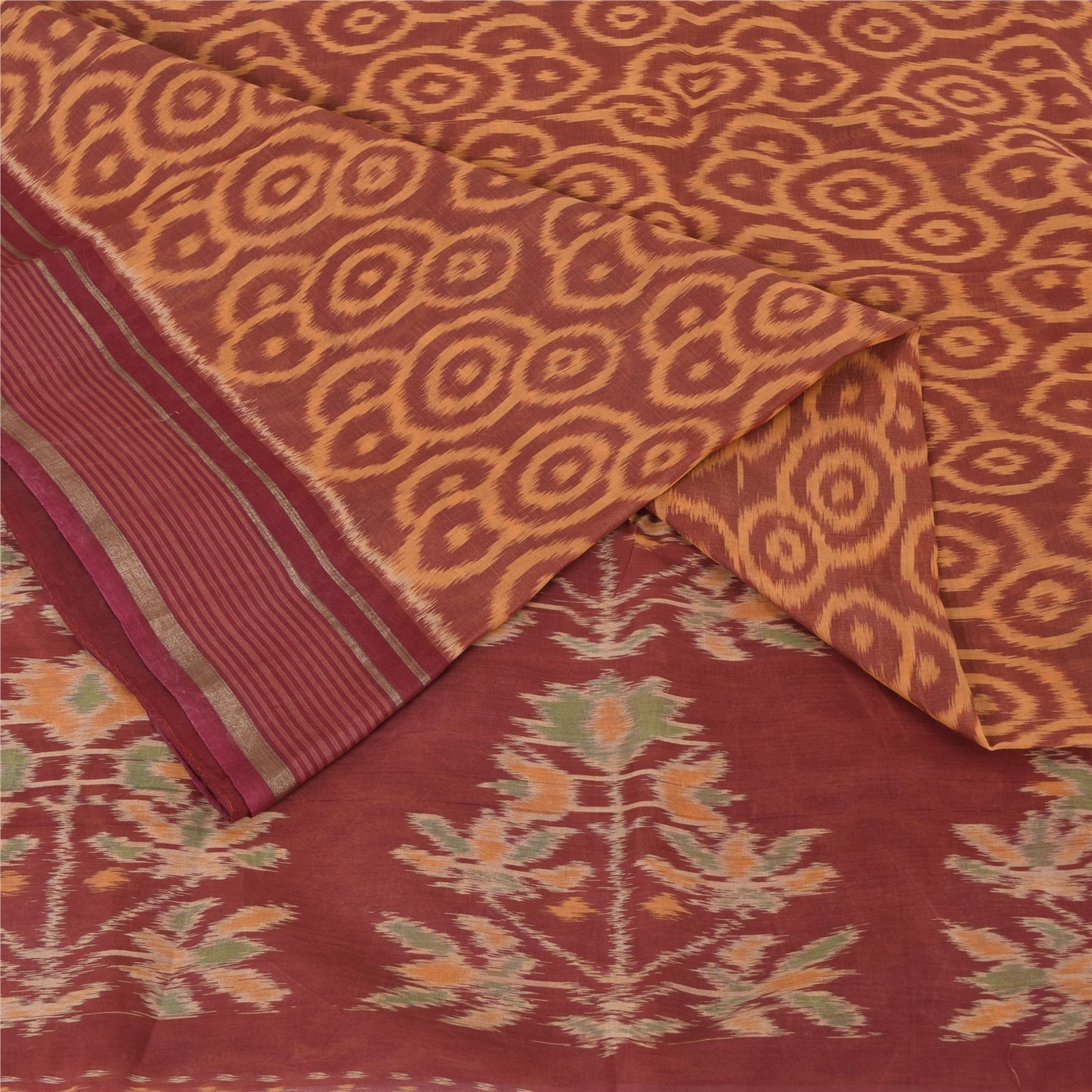 Sanskriti Vintage Saree Brown Sambhalpuri HandWoven Ikat Pure Cotton Sari Sustainable Fabric