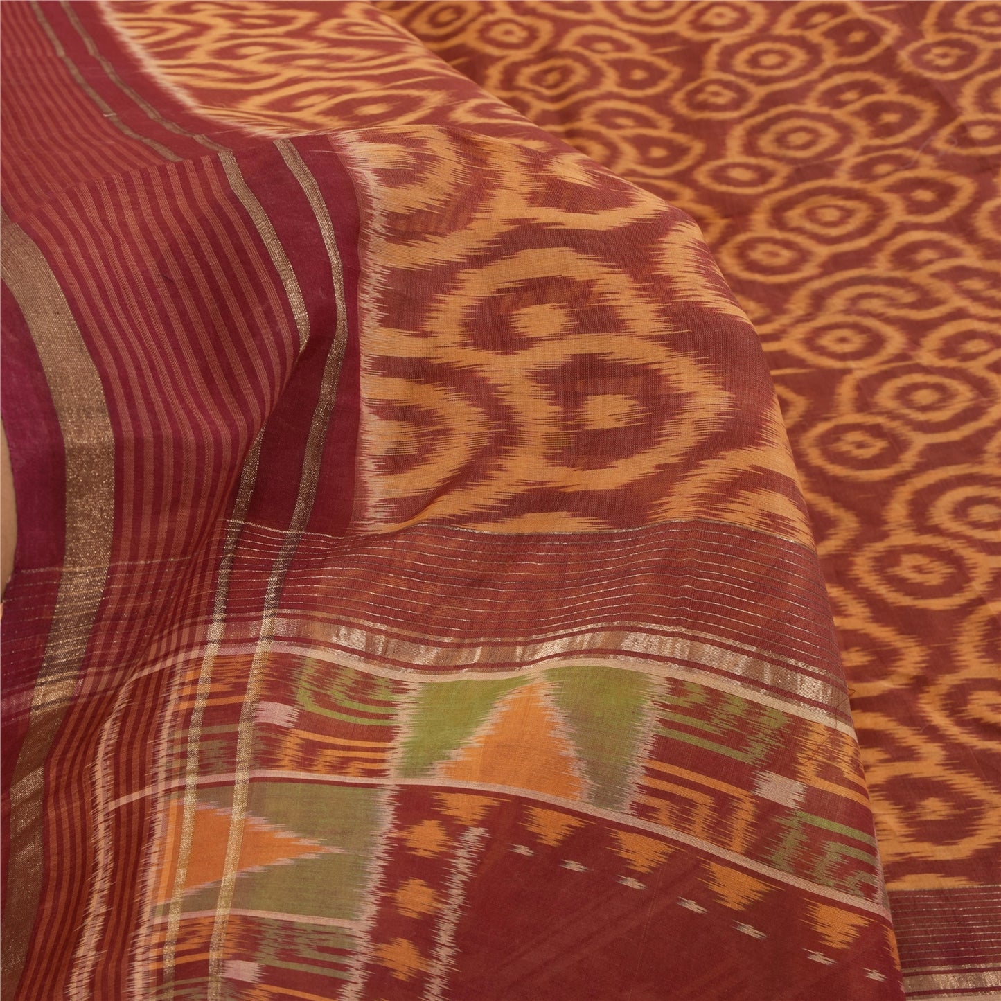 Sanskriti Vintage Saree Brown Sambhalpuri HandWoven Ikat Pure Cotton Sari Sustainable Fabric