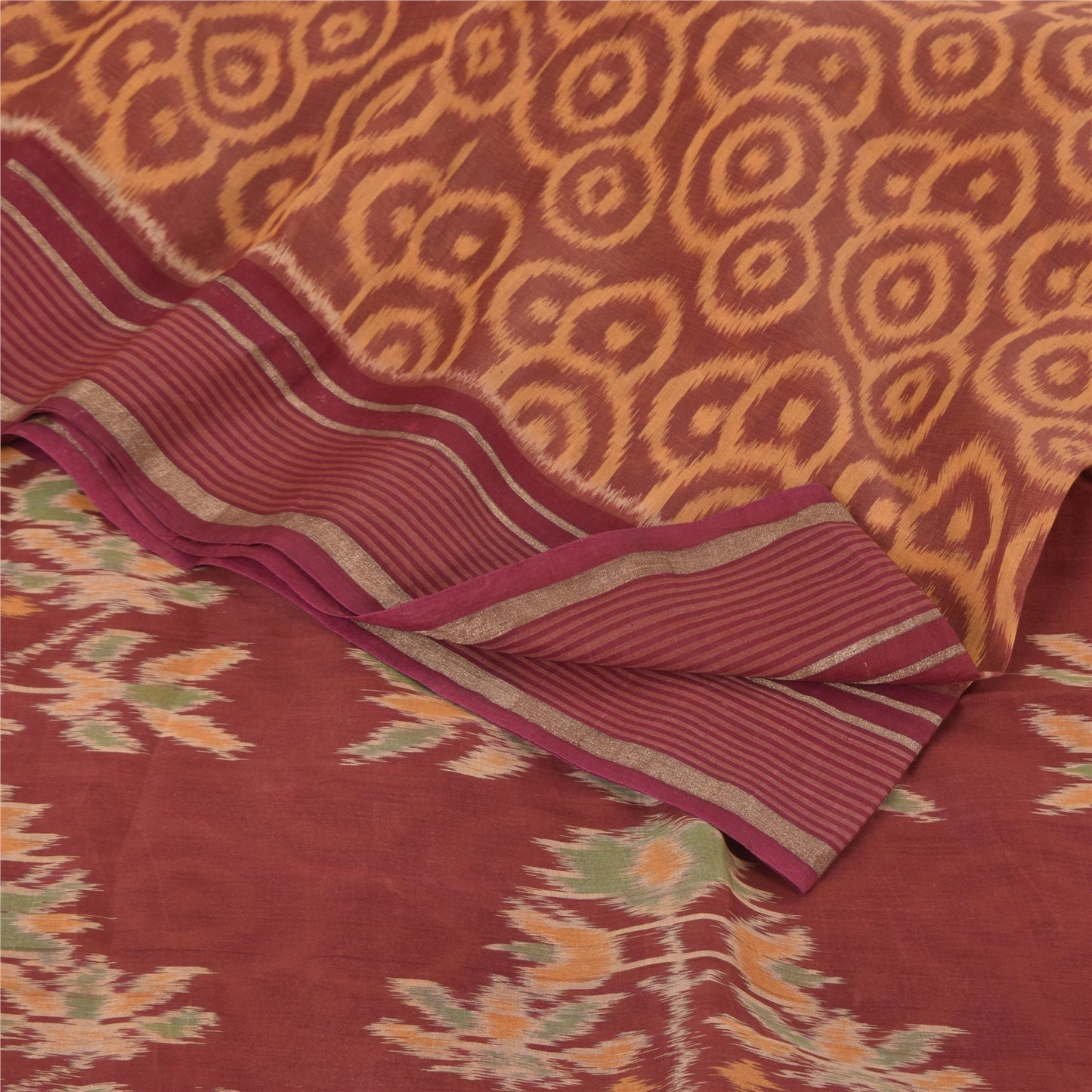 Sanskriti Vintage Saree Brown Sambhalpuri HandWoven Ikat Pure Cotton Sari Sustainable Fabric