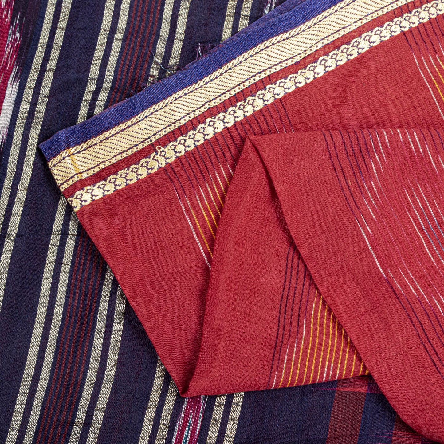 Sanskriti Vintage Red Pure Cotton Saree Ikat Hand Woven Pochampally 4.5+Yd Sari