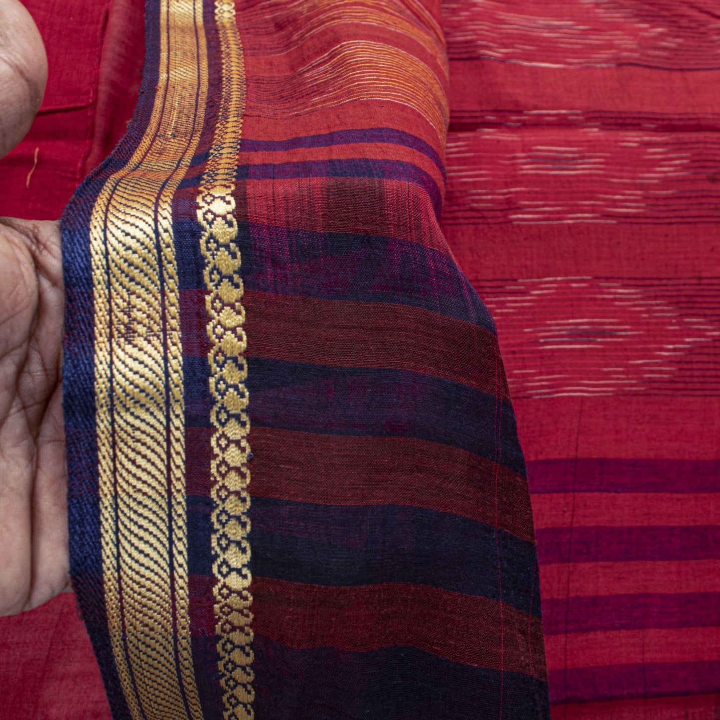 Sanskriti Vintage Red Pure Cotton Saree Ikat Hand Woven Pochampally 4.5+Yd Sari