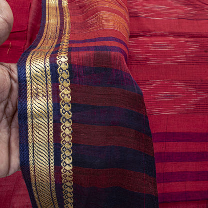 Sanskriti Vintage Red Pure Cotton Saree Ikat Hand Woven Pochampally 4.5+Yd Sari