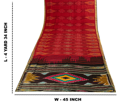 Sanskriti Vintage Red Pure Cotton Saree Ikat Hand Woven Pochampally 4.5+Yd Sari