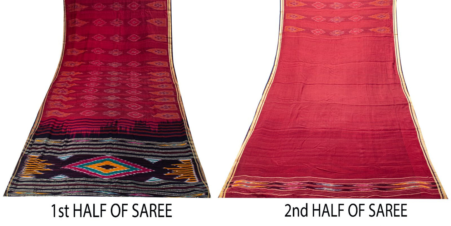 Sanskriti Vintage Red Pure Cotton Saree Ikat Hand Woven Pochampally 4.5+Yd Sari