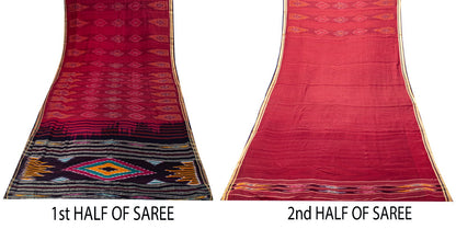 Sanskriti Vintage Red Pure Cotton Saree Ikat Hand Woven Pochampally 4.5+Yd Sari