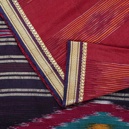 Sanskriti Vintage Red Pure Cotton Saree Ikat Hand Woven Pochampally 4.5+Yd Sari