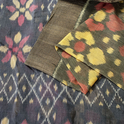 Sanskriti Vintage Saree Gray Pure Silk Sambhalpuri Ikat Hand Woven 5.5+YD Sari