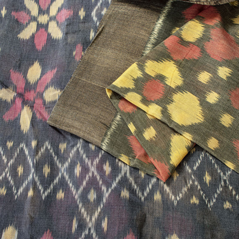 Sanskriti Vintage Saree Gray Pure Silk Sambhalpuri Ikat Hand Woven 5.5+YD Sari