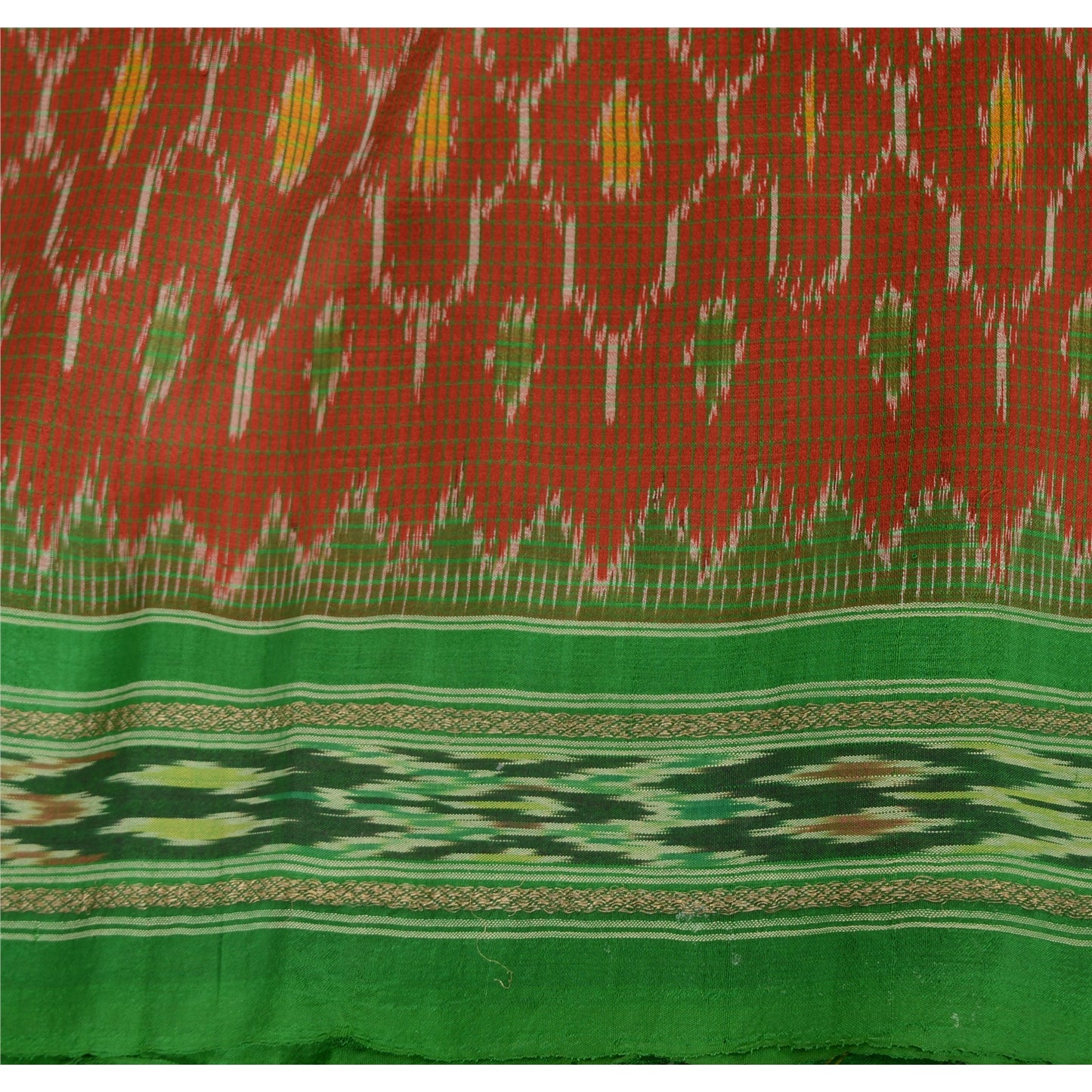 Sanskriti Vintage Saree Pochampally Red HandWoven Ikat Pure Silk Sari 5yd Sustainable Fabric