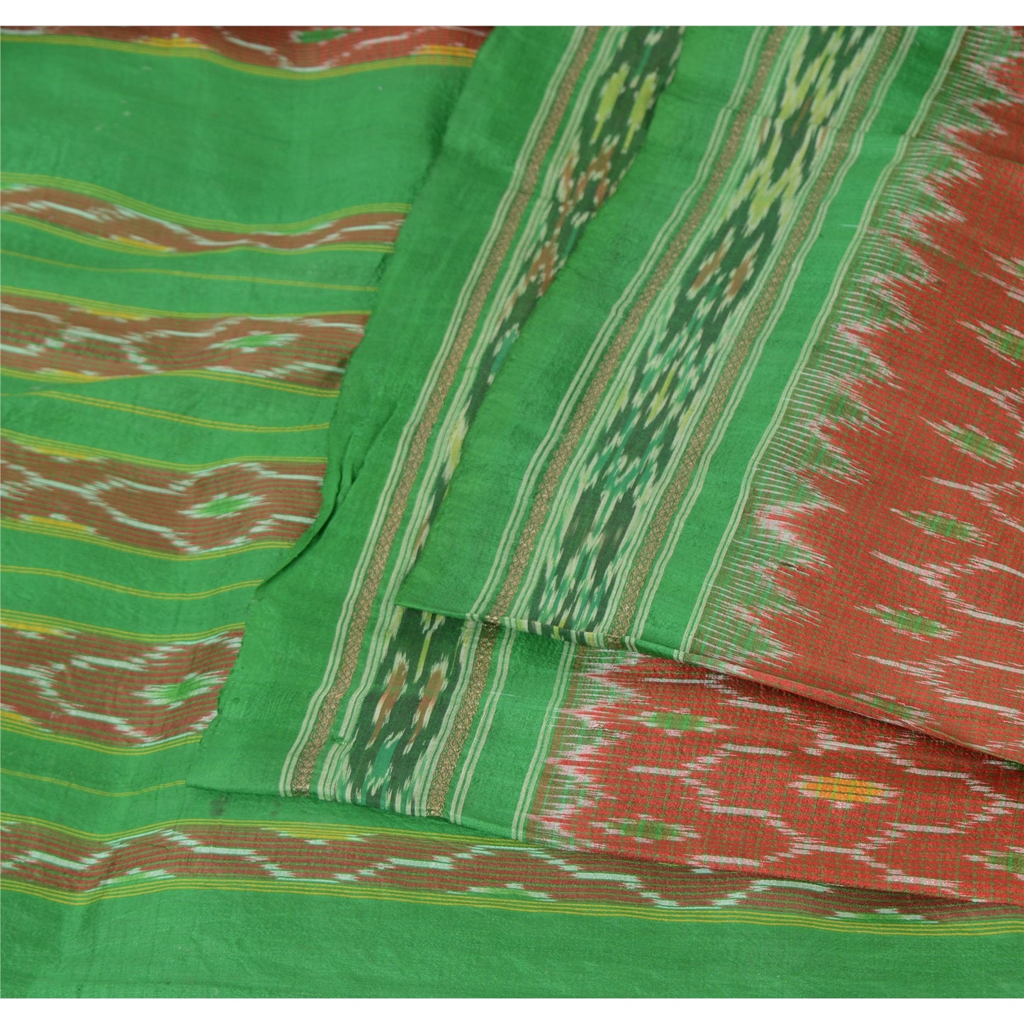 Sanskriti Vintage Saree Pochampally Red HandWoven Ikat Pure Silk Sari 5yd Sustainable Fabric