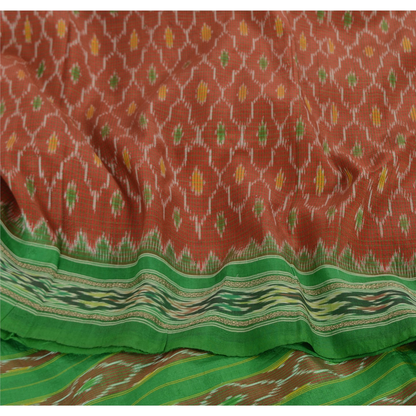 Sanskriti Vintage Saree Pochampally Red HandWoven Ikat Pure Silk Sari 5yd Sustainable Fabric