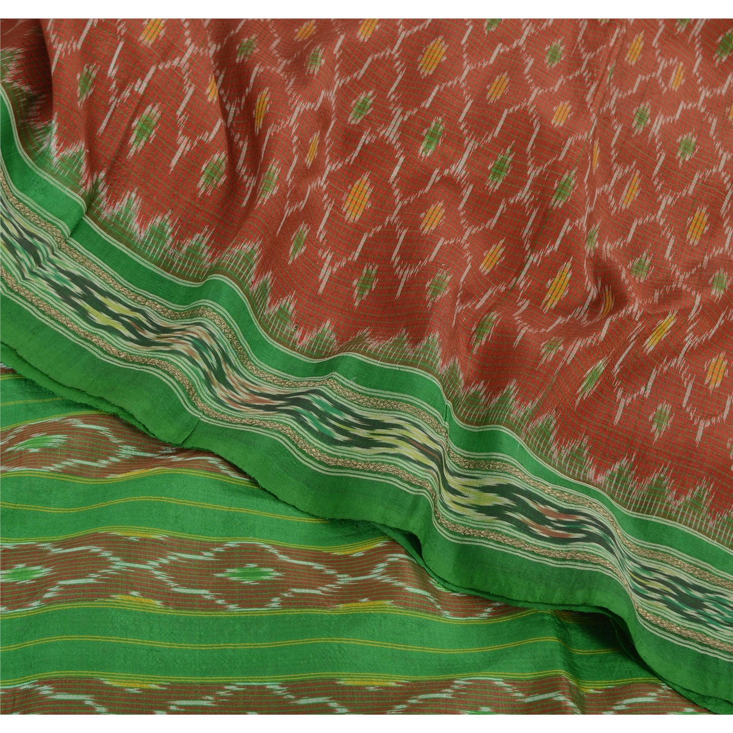 Sanskriti Vintage Saree Pochampally Red HandWoven Ikat Pure Silk Sari 5yd Sustainable Fabric