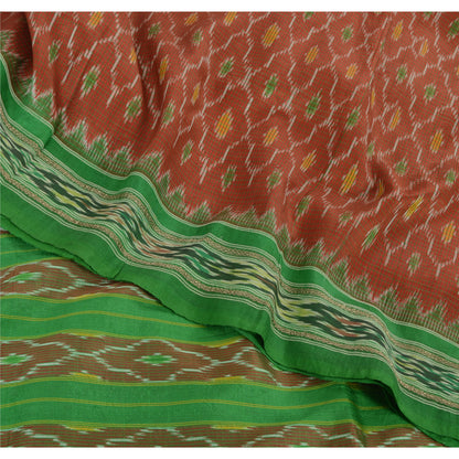 Sanskriti Vintage Saree Pochampally Red HandWoven Ikat Pure Silk Sari 5yd Sustainable Fabric