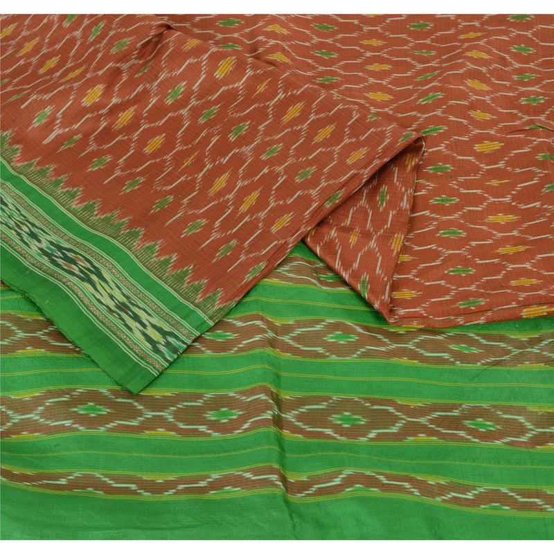 Sanskriti Vintage Handwoven Ikat Silk Sari Fabric: Red & Green Pochampally, 5Yd upholstery fabric