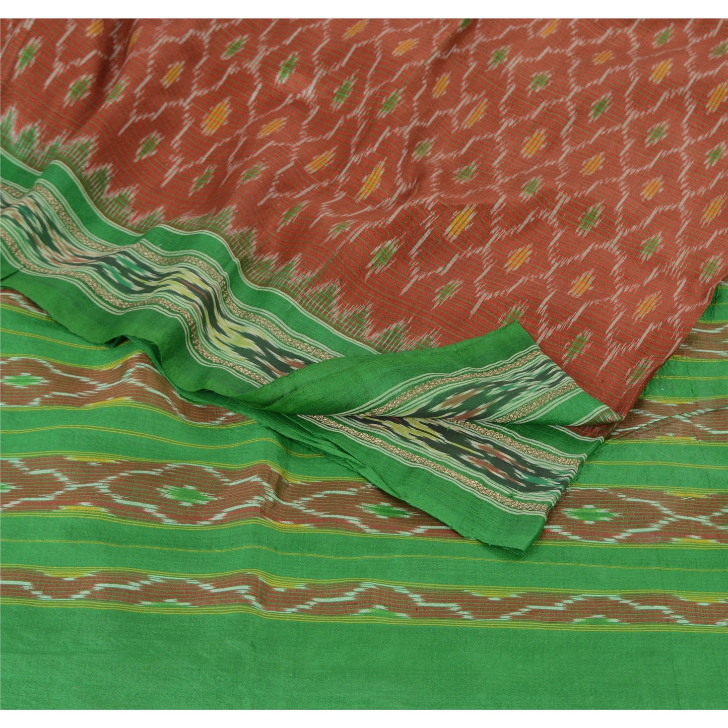 Sanskriti Vintage Saree Pochampally Red HandWoven Ikat Pure Silk Sari 5yd Sustainable Fabric