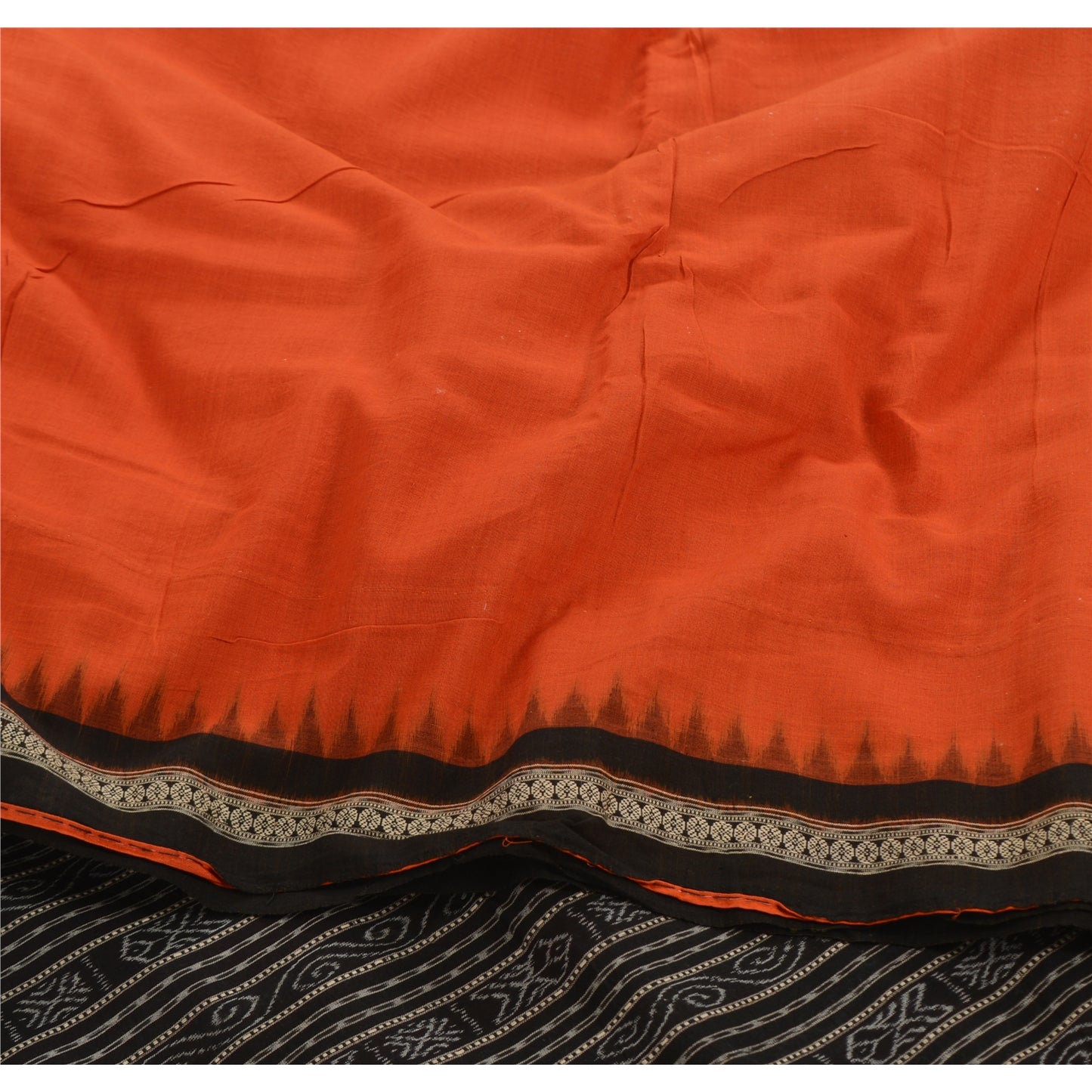 Sanskriti Vintage Orange Odisha Sarees Hand Woven Ikat Blend Cotton Sari Fabric