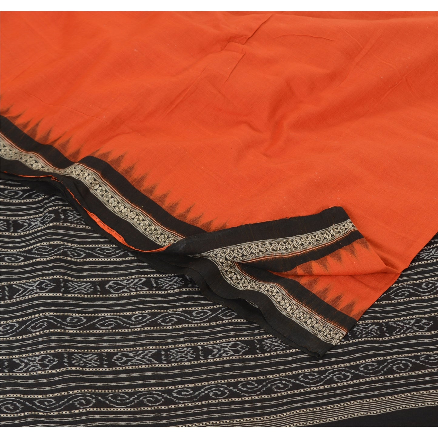 Sanskriti Vintage Orange Odisha Sarees Hand Woven Ikat Blend Cotton Sari Fabric