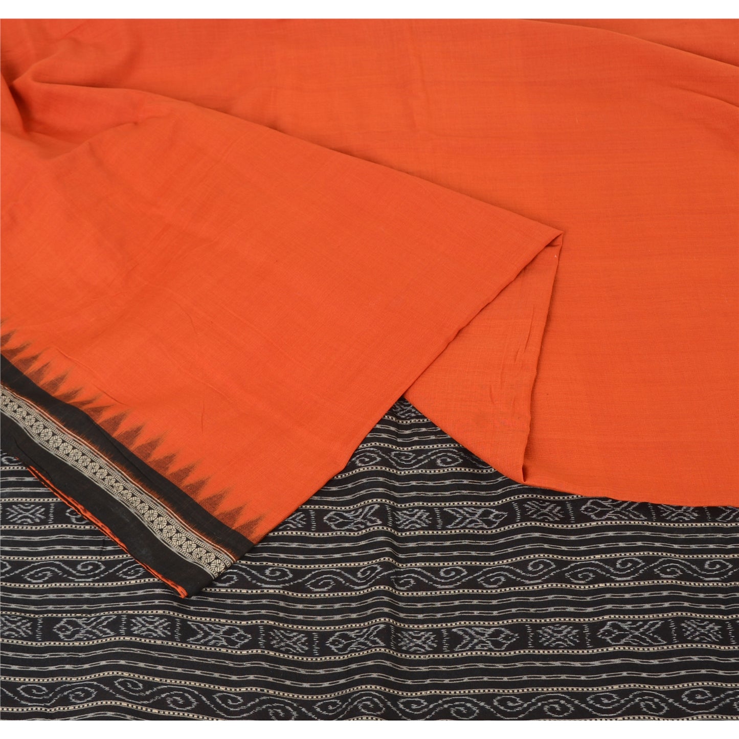 Sanskriti Vintage Orange Odisha Sarees Hand Woven Ikat Blend Cotton Sari Fabric