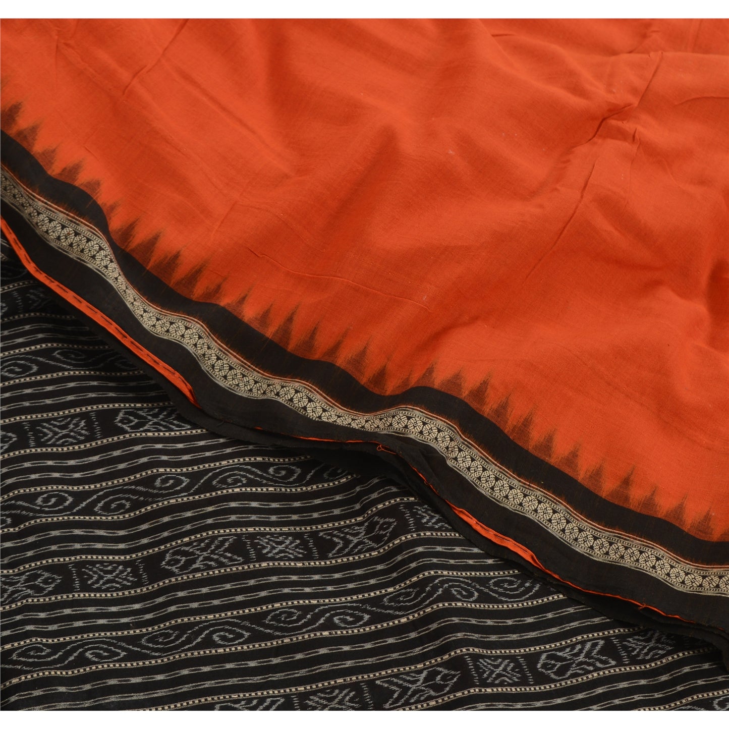 Sanskriti Vintage Orange Odisha Sarees Hand Woven Ikat Blend Cotton Sari Fabric