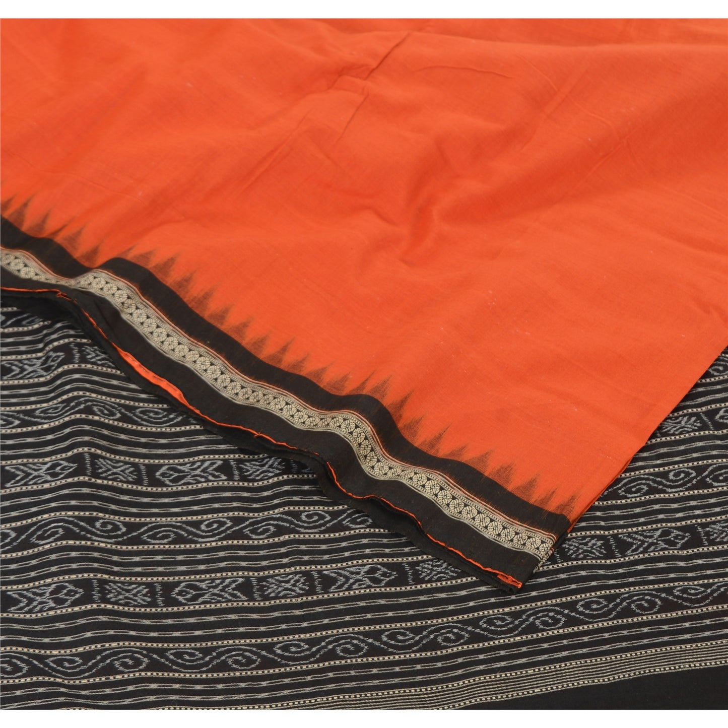 Sanskriti Vintage Orange Odisha Sarees Hand Woven Ikat Blend Cotton Sari Fabric