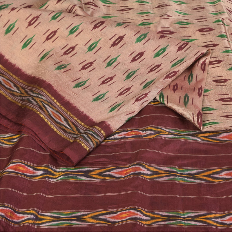 Sanskriti Vintage Saree Peach & Wine Craft Fabric Ikat Handwoven Pochampally Saree 100% Pure Silk 5+Yd Sari For Home Decor Sewing Supplie
