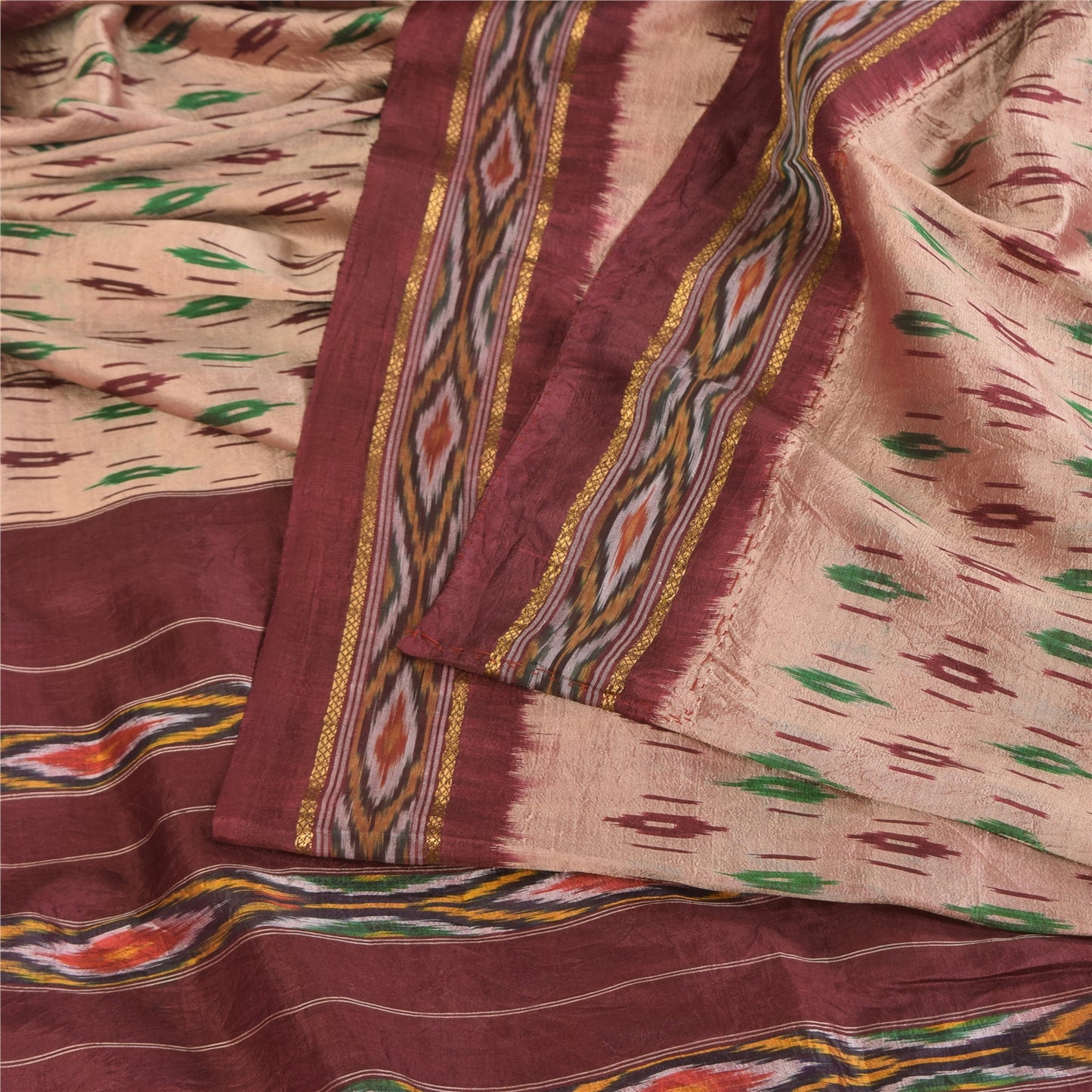 Sanskriti Vintage Sarees Ikat Handwoven Pochampally Pure Silk Sari 5+yd Sustainable Fabric