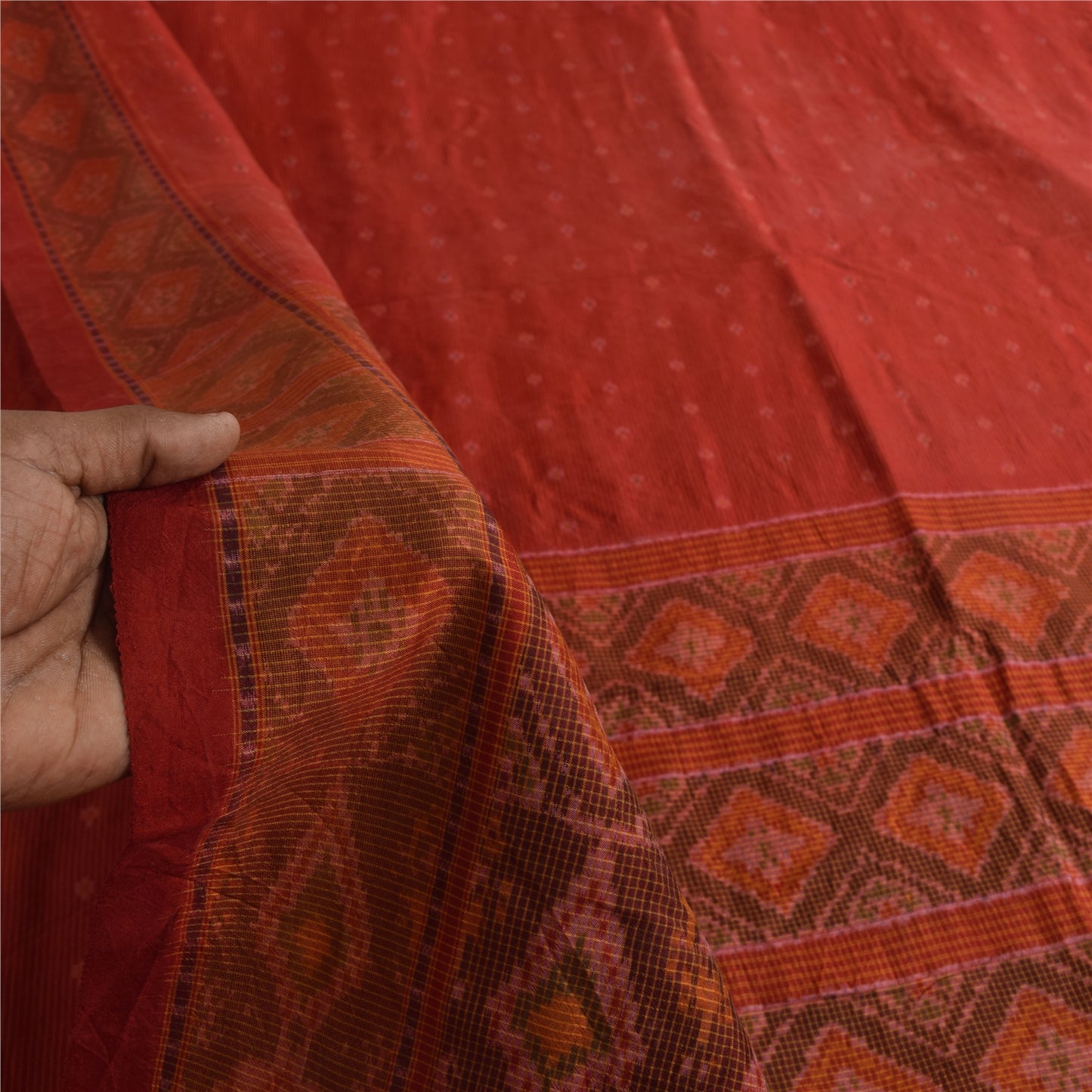 Sanskriti Vintage Sarees Red Sambhalpuri Ikat Handwoven Pure Silk Sari Fabric