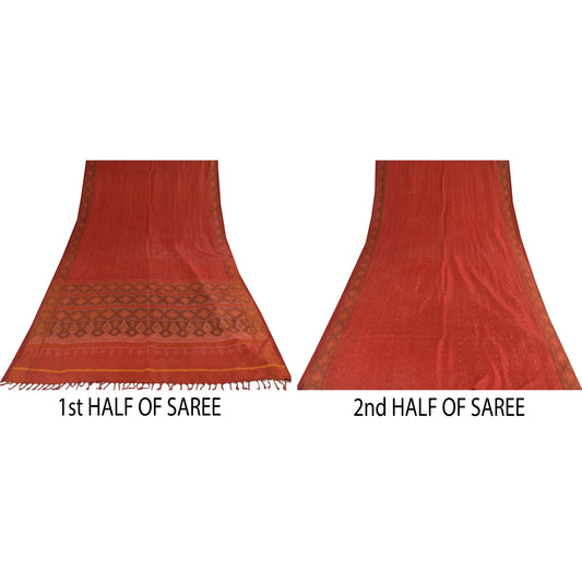 Sanskriti Vintage Sarees Red Sambhalpuri Ikat Handwoven Pure Silk Sari Fabric