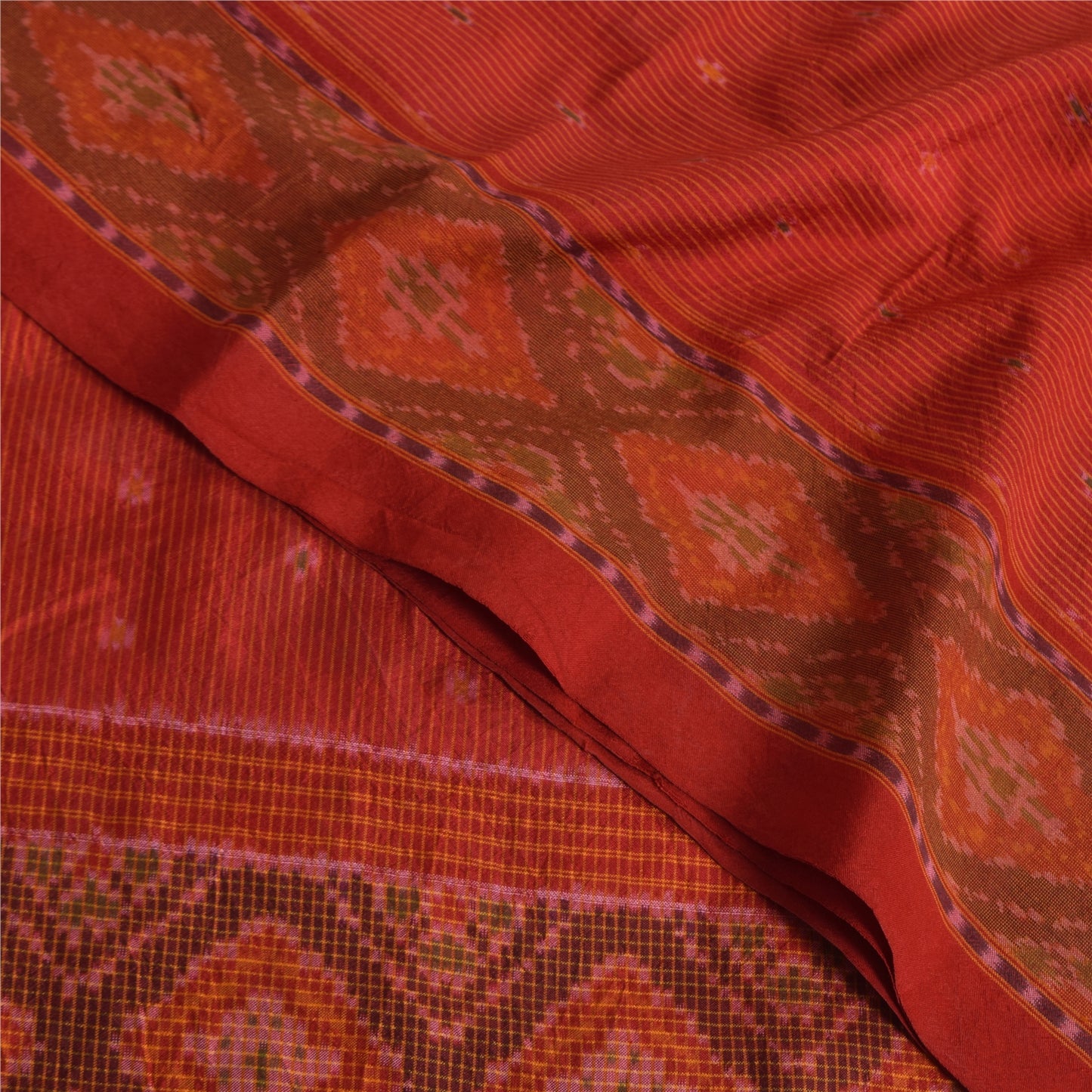 Sanskriti Vintage Sarees Red Sambhalpuri Ikat Handwoven Pure Silk Sari Fabric