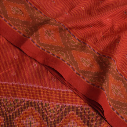 Sanskriti Vintage Sarees Red Sambhalpuri Ikat Handwoven Pure Silk Sari Fabric